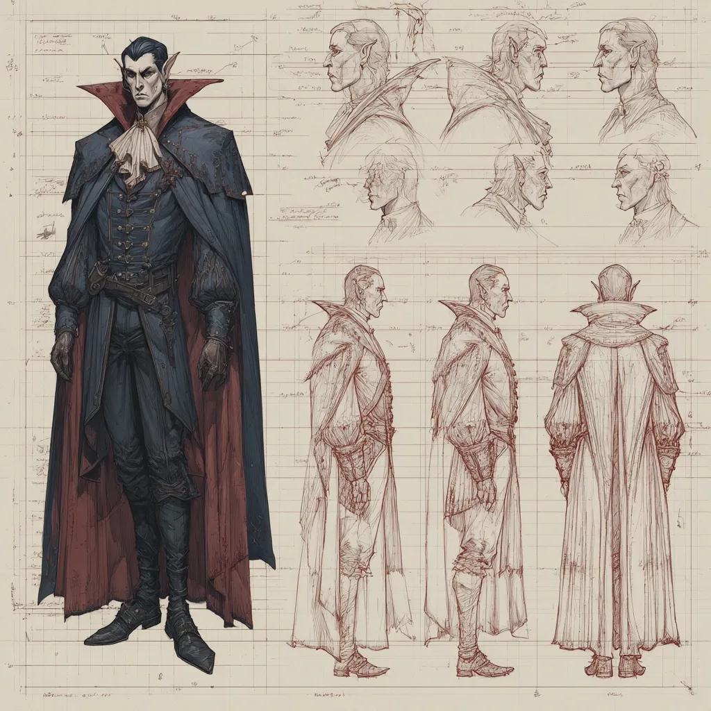 A detailed character design depicts a pale, aristocratic vampire in a dark blue coat and crimson cape.  He possesses pointed ears and a stern expression.  Accompanying the main illustration are numerous pencil sketches showing the character from various angles and perspectives, including head studies and full-body views, laid out on a gridded blueprint-style background.  The sketches illustrate clothing details and pose variations for the vampire.