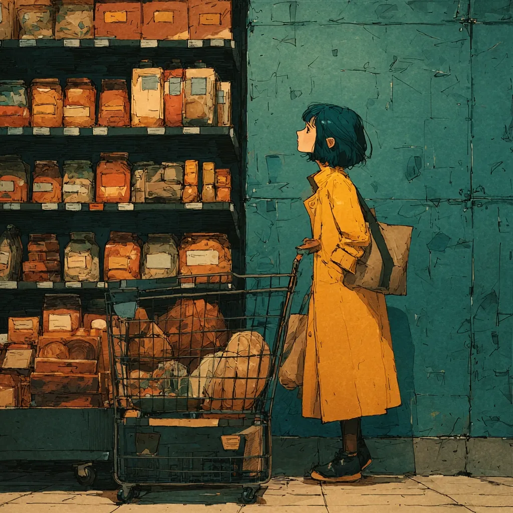 A young woman in a yellow coat stands in a grocery store, gazing upward.  Her shopping cart is filled with various food items. The store's shelves are stocked with jars and packages of goods, creating a warm, nostalgic atmosphere.  The overall style is painterly and evocative, with muted tones and textured brushstrokes. The scene feels both peaceful and slightly melancholic.