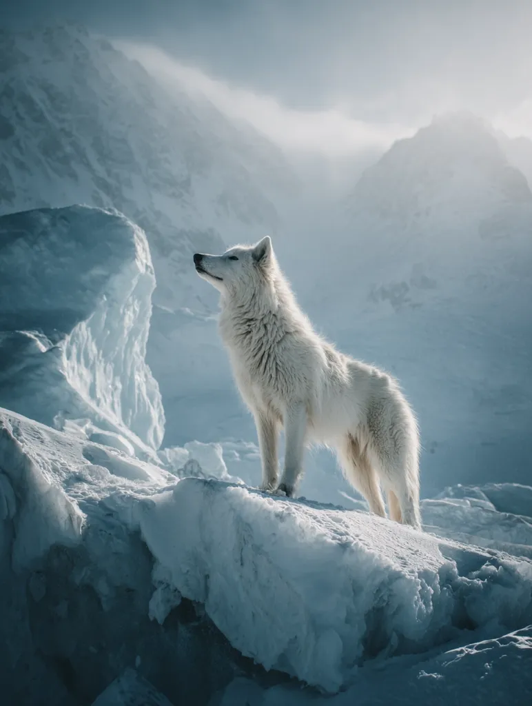 A majestic arctic wolf, its fur the color of fresh snow, stands proudly atop a snow-covered ridge.  Towering, icy mountains form a breathtaking backdrop under a pale sky.  The wolf looks towards the distant peaks, its silhouette sharp against the ethereal light. The scene evokes a sense of wild beauty and solitude in a pristine, frozen landscape.