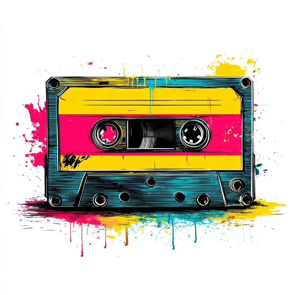 A vibrant illustration of a vintage audio cassette tape.  The tape is rendered in a bold graphic style with a yellow and pink color scheme, surrounded by colorful paint splatters and drips, creating a retro, energetic feel.  The detailed drawing style contrasts with the loose, expressive paint effects, suggesting a blend of nostalgia and modern art.