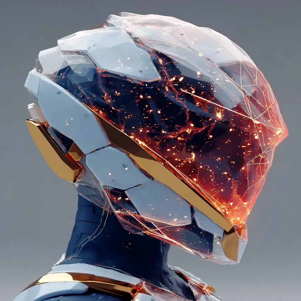 A futuristic helmet, predominantly white and gold, is showcased in profile.  Its transparent visor reveals an internal structure glowing with fiery orange energy. The helmet's design is angular and intricate, suggesting advanced technology.  The helmet's sleek lines and glowing core create a striking visual contrast, emphasizing its otherworldly aesthetic.  A portion of the suit's neck and shoulder are visible, matching the helmet's color scheme.