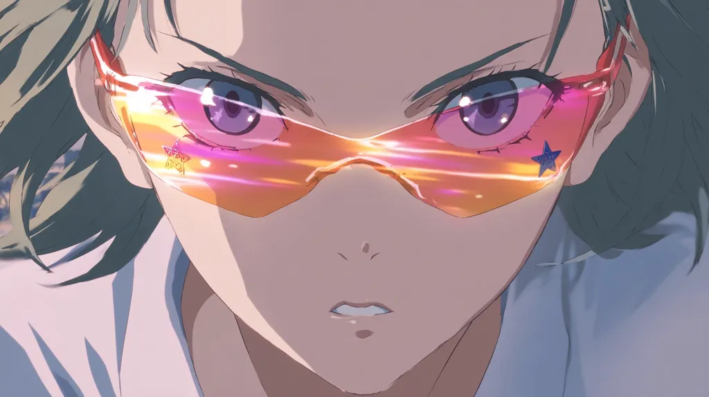 Close-up of an anime girl with short, dark hair wearing vibrant orange sunglasses adorned with small blue stars.  Her expression is fierce, eyes narrowed in determination. The style is reminiscent of modern anime, with a focus on sharp lines and vivid color.  The overall mood is intense and slightly aggressive.