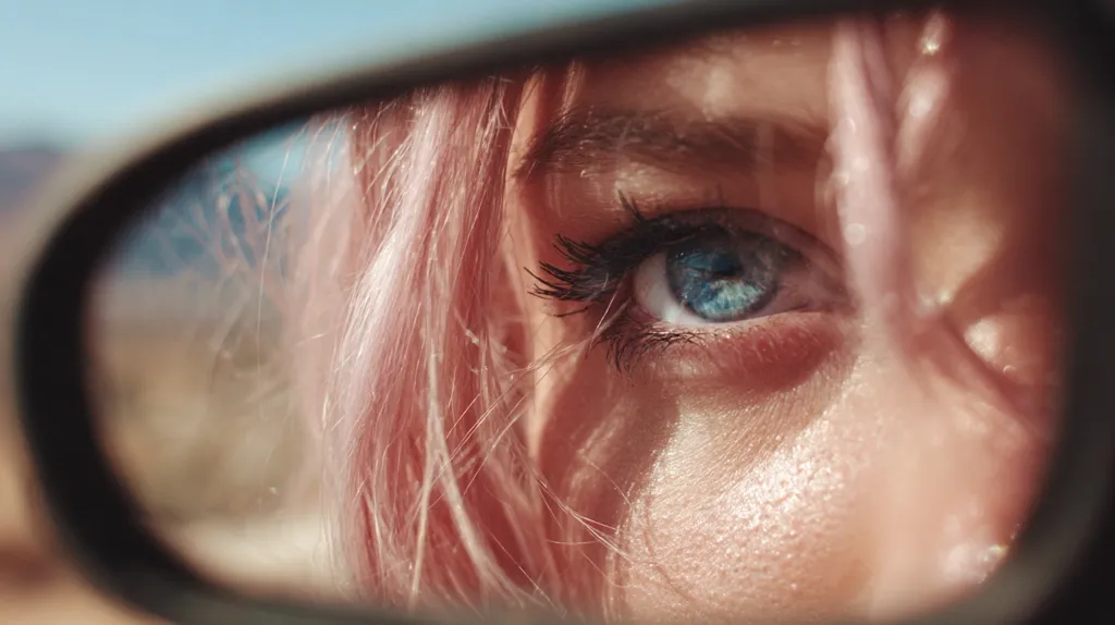 A close-up shot reflects a woman's eye in a car's side mirror.  Her striking blue eye is partially obscured by strands of pink hair, catching the sunlight.  The image focuses intensely on the eye and surrounding skin, creating a feeling of intimacy and mystery. The blurred background suggests a journey or road trip.