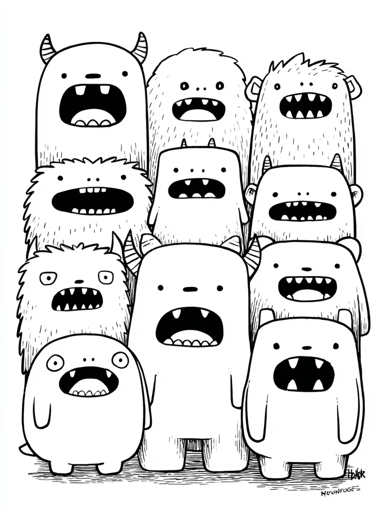 A whimsical black and white illustration features a group of friendly monsters.  They are various shapes and sizes, each with unique features like horns, fur, and exaggerated mouths.  The monsters are arranged in a somewhat organized group, creating a playful and slightly chaotic scene.  Their simple, cartoonish style suggests a children's book or coloring page.