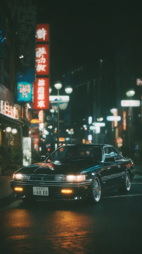 A sleek, dark-colored Japanese sports coupe sits on a rain-slicked street at night.  Neon signs in Japanese characters illuminate the background, creating a vibrant, atmospheric backdrop.  The car's headlights cast a warm glow on the wet pavement, enhancing the overall mood of the scene. The image evokes a sense of nostalgia and urban style.