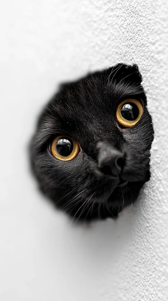 A black cat with bright yellow eyes peeks through a hole in a white wall.  Only its head and shoulders are visible, creating a curious and playful image.  The cat's fur is sleek and dark, contrasting sharply with the light background. Its intense gaze draws the viewer in, suggesting a sense of mischief or curiosity.