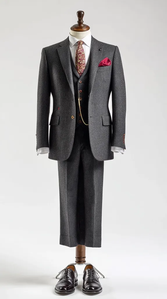 A dark gray three-piece suit hangs on a mannequin.  The suit features a patterned tie, a burgundy pocket square, and a gold pocket watch chain.  Black oxfords are placed below the suit, completing the formal ensemble. The texture of the suit fabric is visible, suggesting a high-quality material. The overall presentation is sharp and elegant.