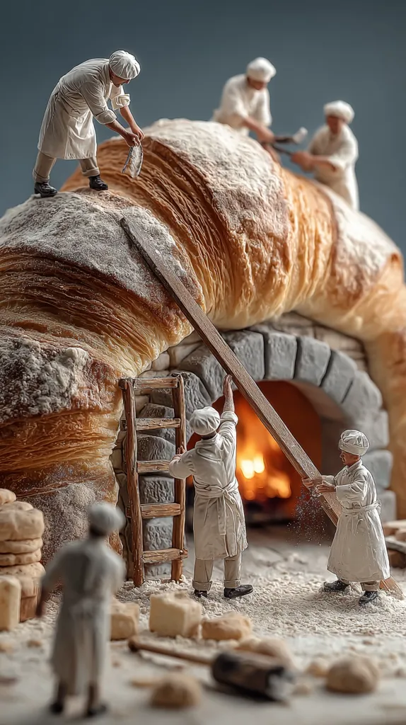 Miniature bakers work on a colossal croissant.  Three figures shape and prepare the enormous pastry, while two others use a long plank to maneuver it into a stone oven with glowing embers.  A smaller baker stands nearby, observing the process.  Flour dusts the scene, enhancing the whimsical scale of the bakery.  The image is a detailed, creative depiction of bread-making.