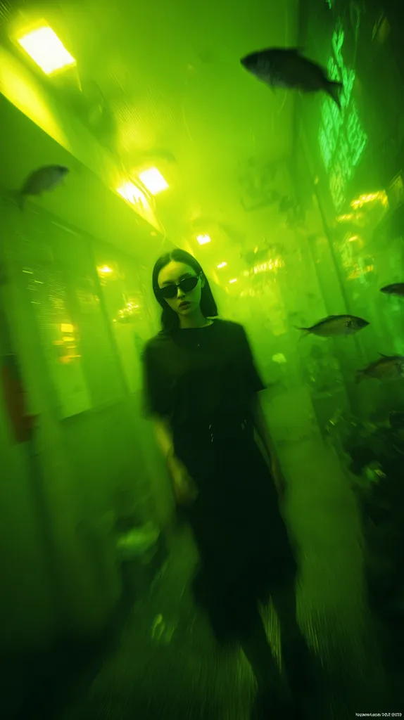 A woman in sunglasses stands in a dimly lit, green-hued corridor.  Fish swim in tanks visible through the walls, creating an aquatic atmosphere.  The green lighting casts an eerie glow on the scene, creating a surreal and mysterious ambiance.  The woman's dark clothing blends with the shadowy background.
