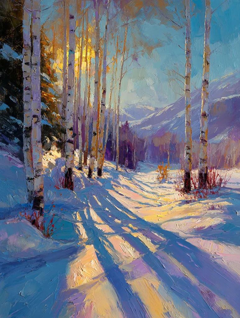 A vibrant oil painting depicts a sun-drenched winter scene.  Tall birch trees, their white trunks contrasting against the blue-toned snow, line a path leading towards a distant mountain range.  The snow is textured with long shadows cast by the trees, creating a play of light and color.  A sense of warmth emanates from the golden light filtering through the trees, creating a peaceful and serene atmosphere. The impasto technique adds depth and texture to the landscape.