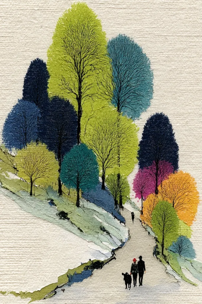A stylized painting depicts a couple walking a dog down a path lined with vibrantly colored trees. The trees are rendered in a variety of greens, blues, purples, and yellows, their branches depicted with thin black lines.  The path curves gently, leading the viewers eye through the colorful landscape. The overall style is impressionistic and evocative of a peaceful woodland scene.