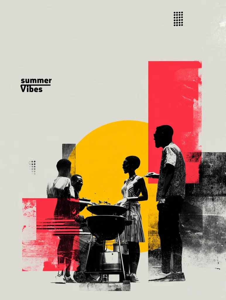 A stylized collage depicts a summer barbecue scene.  Silhouetted figures of Black individuals gather around a grill, creating a vibrant, energetic atmosphere. Bold geometric shapes in red and yellow contrast with the grayscale figures, emphasizing the "summer vibes" text. The overall style is modern and graphically striking, blending elements of photomontage and abstract design.