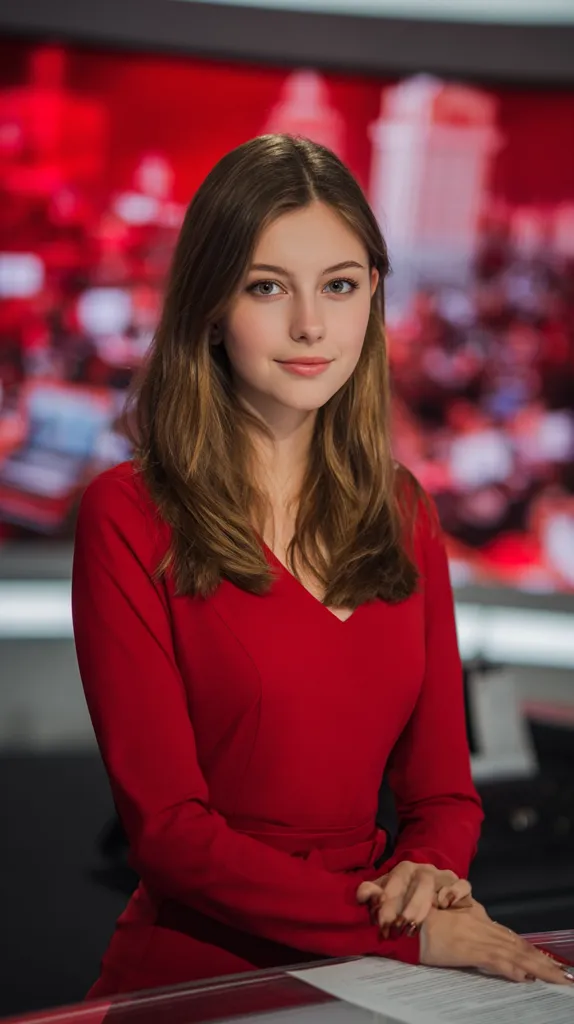 A young woman with long brown hair is captured in a professional portrait. She is wearing a vibrant red dress, her hands neatly clasped in front of her. The background features a blurred image of a news studio set, with red and white tones dominating the scene.  Her expression is serious and composed, suggesting a professional environment. The overall image is sharp and well-lit.