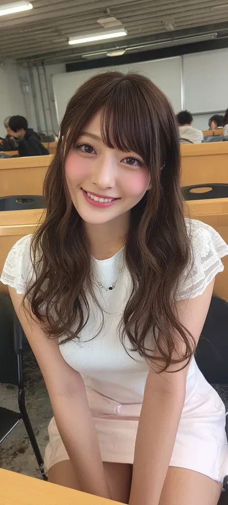 A young woman with long brown hair, wearing a white shirt and a pink skirt, smiles at the camera. She is sitting in a classroom setting, with wooden desks and chairs visible in the background.  Her expression is pleasant and she appears to be in a relaxed mood.  The overall image is bright and well-lit.