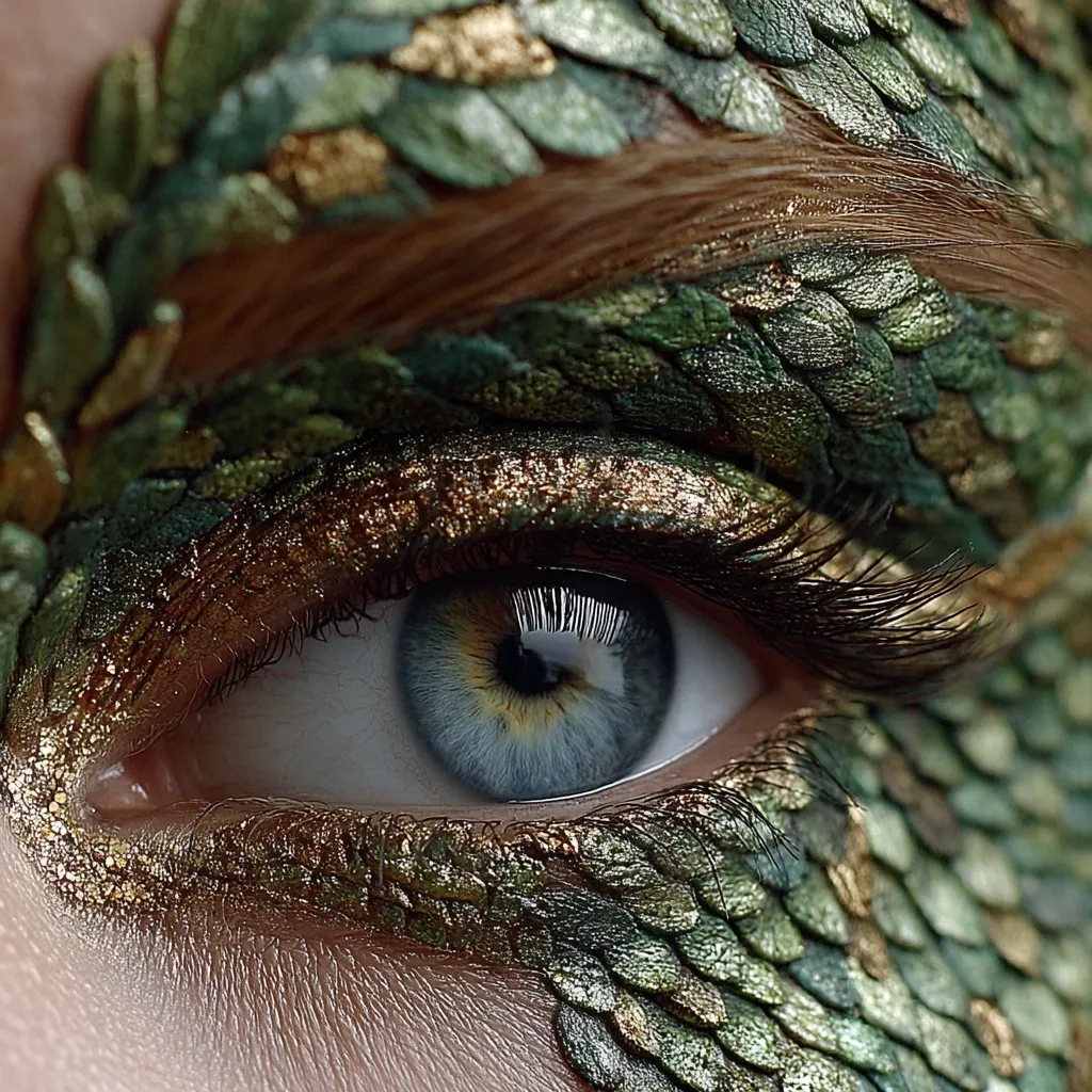 A close-up shot reveals a striking eye adorned with intricate makeup.  Green and gold scales, meticulously applied, resemble reptilian skin, covering the eyelid and extending towards the brow.  The eye itself is a captivating blue-green, enhanced by dark lashes and shimmering gold eyeshadow. The overall effect is a mesmerizing blend of fantasy and beauty.