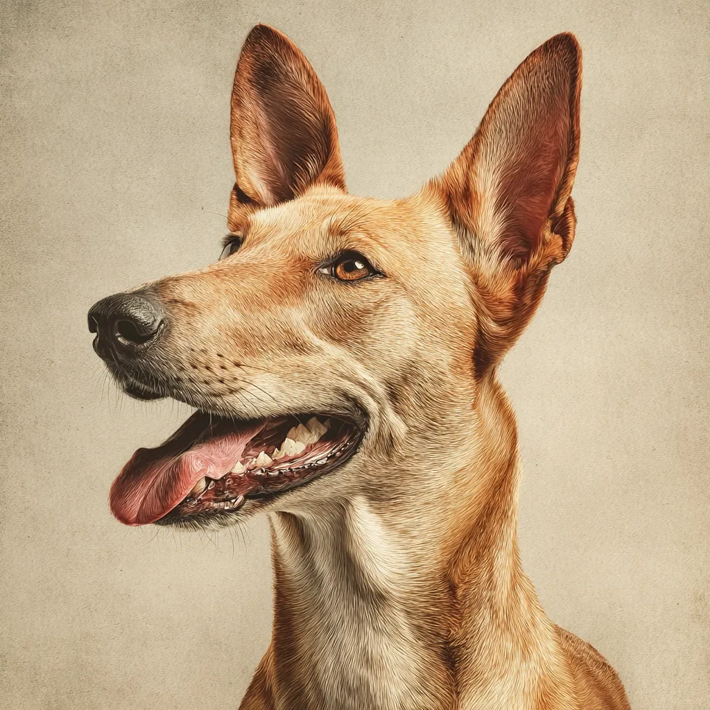 A close-up portrait of a light brown dog, possibly a mixed breed, with erect ears and a cheerful expression.  Its tongue hangs slightly out, revealing healthy teeth. The dog's fur appears short to medium length and soft. The background is a muted beige, providing a neutral backdrop that highlights the dog's features.  The style is reminiscent of a painted portrait, with visible brush strokes or texture.