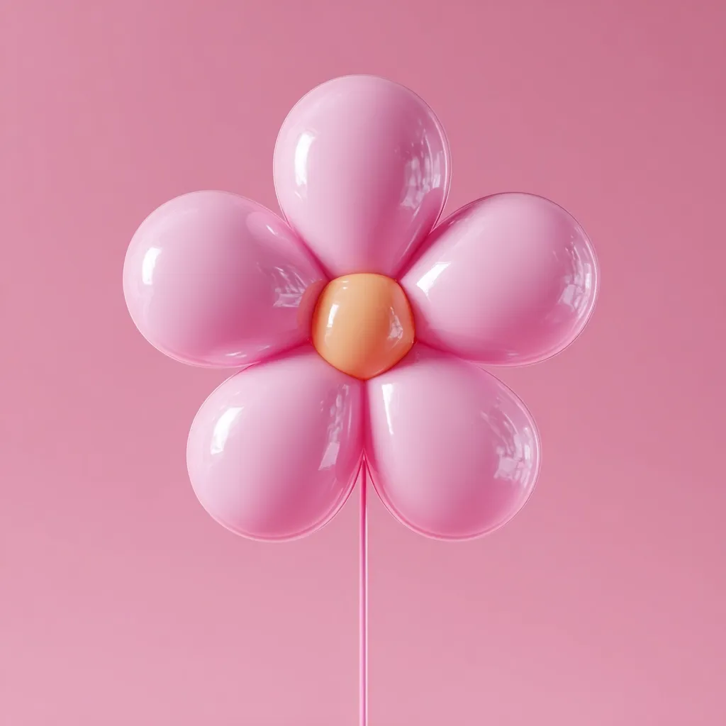 A stylized pink flower, resembling a balloon animal, is presented against a solid pink background.  The flower has six rounded petals and a smaller, peach-colored center.  It's attached to a thin pink stem, creating a simple, cheerful, and slightly whimsical image. The glossy texture of the petals adds to its playful aesthetic.