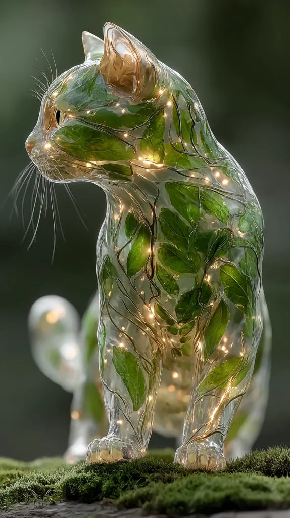 A digital rendering depicts a cat seemingly crafted from glass, its form filled with small green leaves and illuminated by warm, internal lights. The cat is positioned on a bed of moss, against a blurred green backdrop, creating a mystical and serene atmosphere.  The image suggests a harmonious blend of nature and art, with the cat appearing both ethereal and grounded.