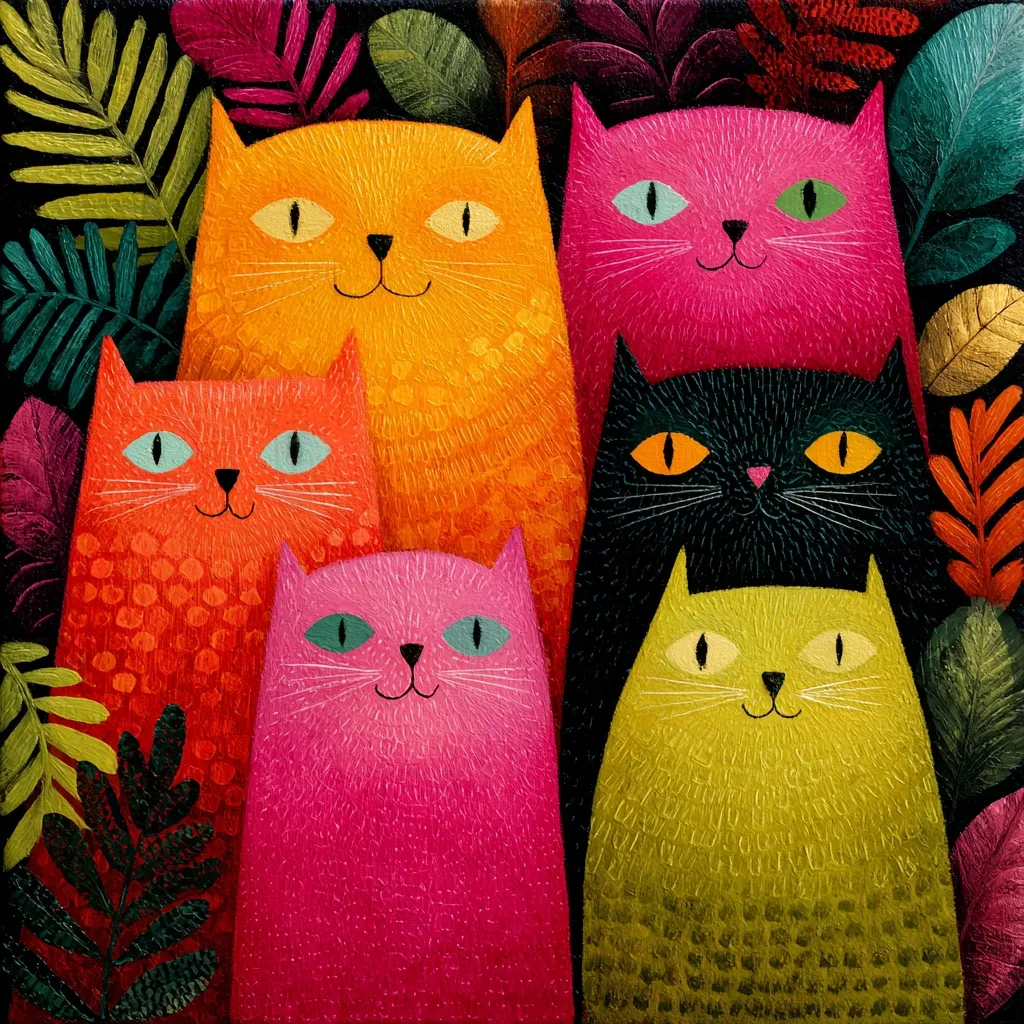 A vibrant illustration features five stylized cats nestled amongst lush, tropical foliage.  Each cat is a different bold color—orange, red, pink, black, and lime green—with large, expressive eyes. The textured, almost furry appearance of the cats contrasts beautifully with the sharp lines of the leaves.  The overall effect is playful and whimsical.