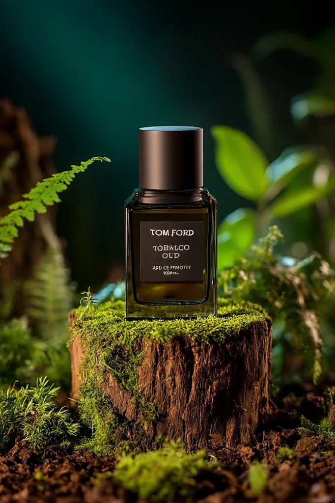 A bottle of Tom Ford Tobacco Oud perfume rests on a mossy tree stump in a lush, green forest setting.  The dark brown bottle, with its sleek design and minimalist label, contrasts beautifully with the vibrant greenery. The image evokes a sense of natural luxury and sophistication.  The deep green background further emphasizes the perfume bottle as the focal point.