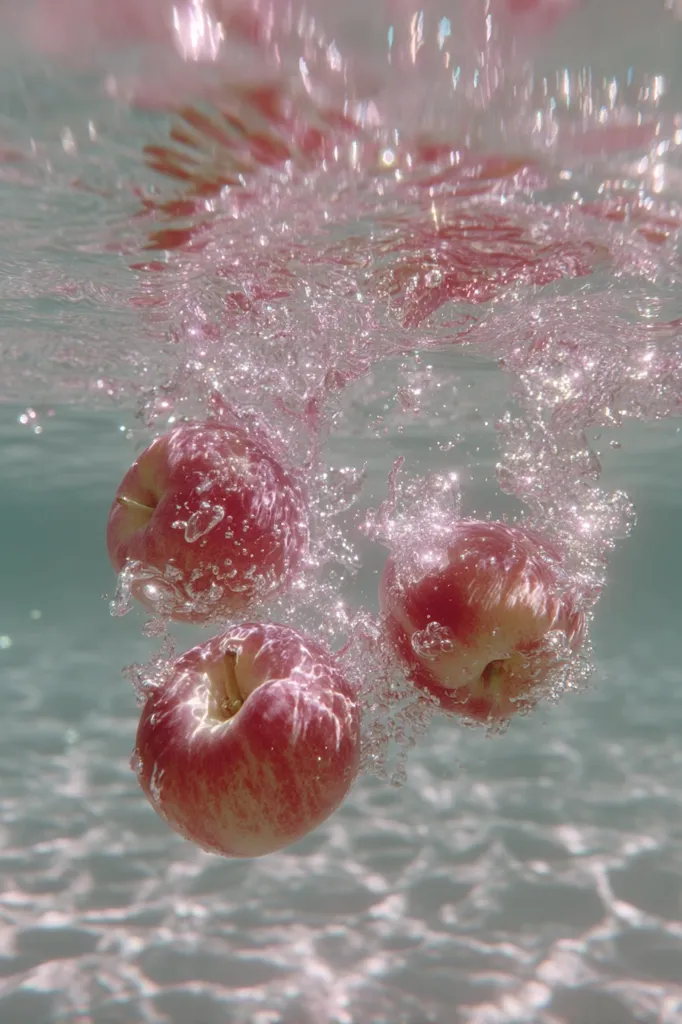 Three red apples sink beneath the surface of clear water, creating a flurry of bubbles.  Sunlight filters through the water, illuminating the apples and causing them to appear slightly translucent.  The scene is serene and ethereal, capturing the apples' descent in a visually captivating underwater moment.