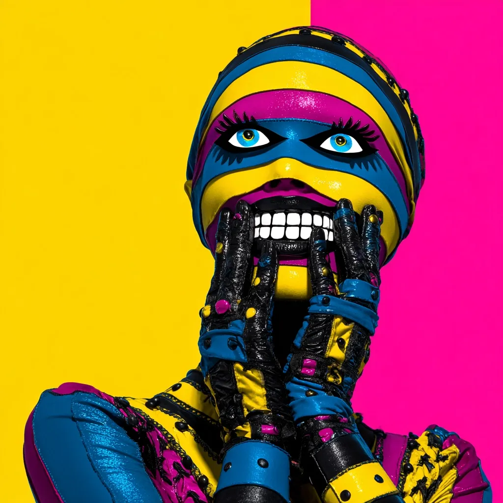 A stylized figure, possibly a robot or person in costume, is depicted against a vibrant yellow and pink background.  The figure's head is wrapped in a colorful striped headdress, revealing exaggerated eyes and a grinning, skeletal mouth.  The hands, covered in elaborate gloves matching the headdress's color scheme, are raised to the face. The overall aesthetic is bold, graphic, and reminiscent of pop art or cyberpunk.