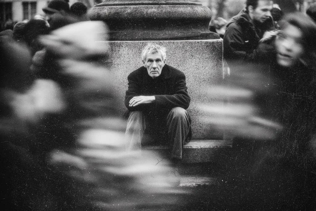 A black and white photograph depicts a man sitting alone on a stone bench, his gaze directed toward the viewer.  He's dressed in a dark coat and trousers, his hands resting on his knees. The background is blurred, suggesting motion and a busy urban setting, creating a stark contrast between the stillness of the subject and the dynamic energy of his surroundings.  The overall mood is contemplative and slightly melancholic.