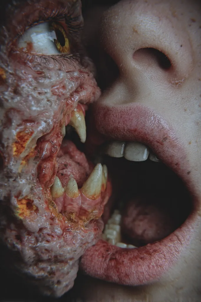 A close-up shot reveals a grotesque, monstrous mouth with jagged teeth and decaying flesh pressed against a human mouth. The human mouth is open, revealing teeth and a tongue, creating a disturbing juxtaposition of the grotesque and the human.  The image is dark and highly detailed, emphasizing the texture and contrast between the two mouths.  The overall effect is unsettling and surreal.