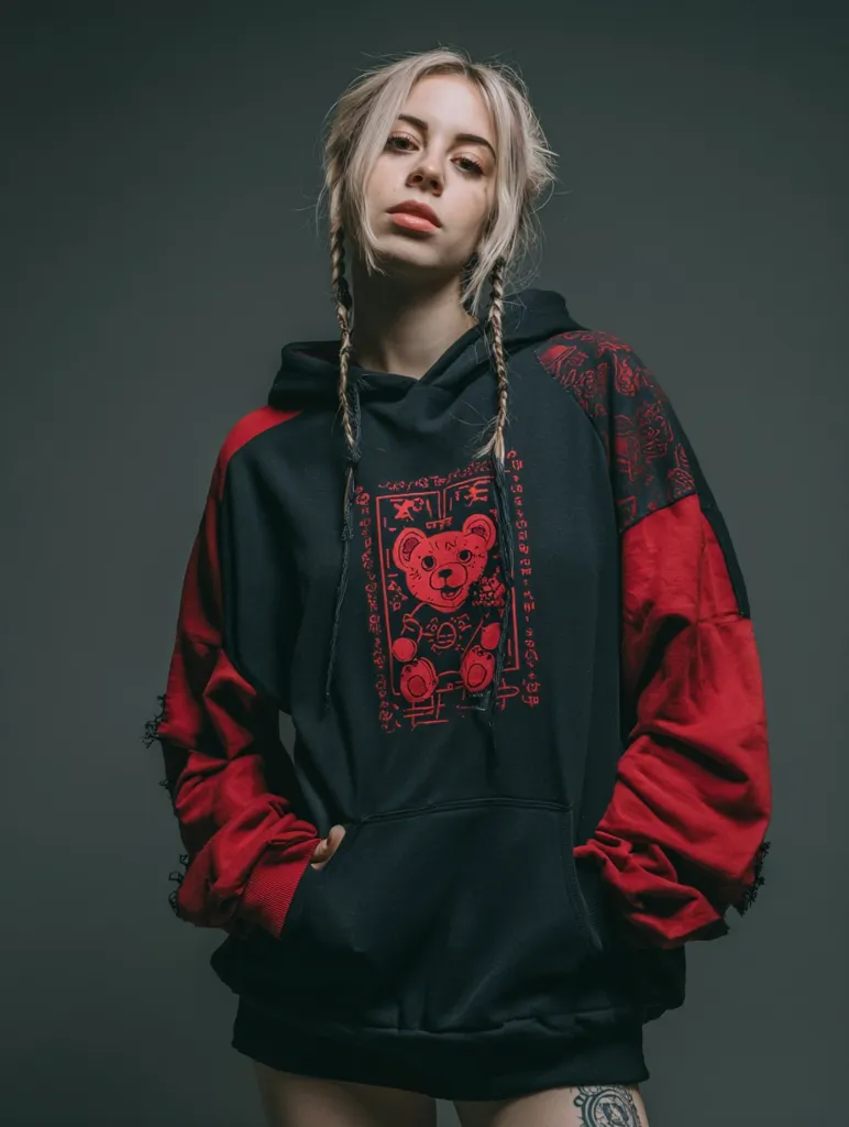 A young woman with blonde braids models a black and red hoodie. The hoodie features a graphic design of a red teddy bear surrounded by red text on the front.  The sleeves are a contrasting red, and the hoodie has a relaxed fit. The model's expression is serious and slightly defiant.  The background is a muted gray.
