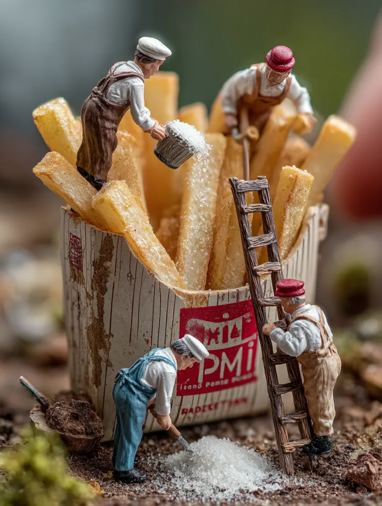 Miniature workers are meticulously salting a large portion of french fries.  Two figures pour salt from buckets, while another uses a small shovel to distribute it evenly.  A fourth worker climbs a ladder, overseeing the operation. The fries are in a vintage-style takeaway container. The scene is highly detailed and whimsical.