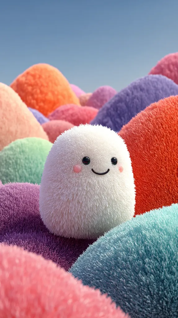 A fluffy, white character with a simple smiling face sits among pastel-colored, textured hills.  The hills are various shades of pink, purple, orange, and blue, creating a soft, dreamy landscape. The character's cheerful expression contrasts with the calming, muted tones of its surroundings. The overall image is cute and whimsical.