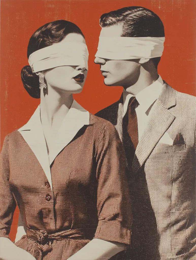 A stylized image depicts a blindfolded couple, man and woman, set against a vibrant red backdrop.  The woman wears a brown checkered dress, while the man is in a light-grey suit.  Their blindfolds are stark white, creating a contrast.  The vintage style suggests a theme of trust, faith, or perhaps a commentary on societal blindspots. The overall mood is both intriguing and slightly unsettling.