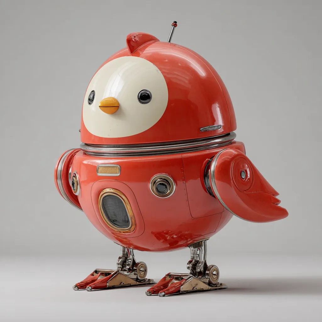 A charming, retro-style robot shaped like a bird is depicted.  Its body is a glossy red with metallic accents, and its face features a simplified, cartoonish bird design with a white face and orange beak.  The robot has small, metallic legs and appears to be crafted with a blend of vintage and futuristic elements. The overall aesthetic is playful and nostalgic.