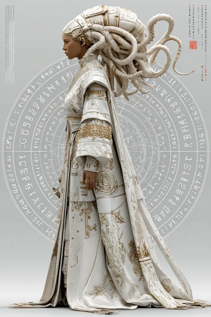 A digital illustration depicts a figure in an ornate, flowing white robe adorned with gold detailing.  The robe's style blends futuristic and traditional elements.  The figure's head is crowned with a complex, biomechanical headdress resembling tentacles, set against a backdrop of circular, symbolic writing.  The overall aesthetic is a blend of science fiction and fantasy.