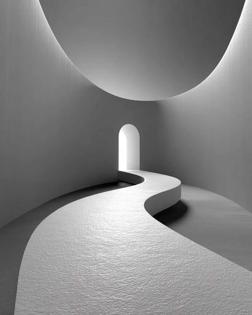 A grayscale image depicts a winding pathway within a minimalist, curved architectural space. The pathway, textured like coarse plaster, leads to a bright arched doorway at the far end. The walls are smooth and uniformly gray, creating a sense of depth and perspective. The overall mood is serene and contemplative, suggesting a journey or transition.