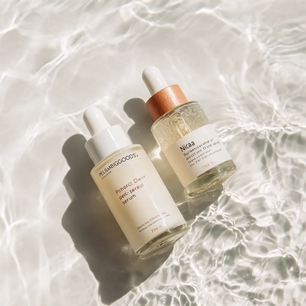 Two glass serum bottles with dropper tops rest in shallow, clear water.  One, labeled "Pchorct Daily pert-sereul serum," is lighter in color. The other, labeled "Nicaa Rolikecisserend of osmollin O ser salm," has a gold shimmer.  Both bottles are minimalist in design, featuring simple sans-serif fonts and muted color schemes.  The image is brightly lit, emphasizing the products' clean aesthetic.