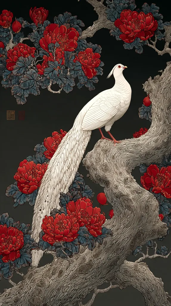 A white pheasant with a long tail perches on a gnarled, gray tree branch.  The tree is adorned with vibrant red peonies in full bloom, creating a striking contrast against the dark background.  The image is detailed and intricate, suggestive of traditional Asian art styles.  The pheasant appears serene amidst the blossoms.
