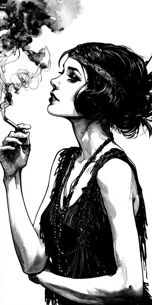 A monochromatic illustration of a woman in a flapper dress, elegantly holding a cigarette.  Smoke curls around her face, creating a dramatic atmosphere. Her bobbed hair and headband are characteristic of the 1920s. The artist's style is expressive, using bold lines and shading to convey texture and emotion.  The overall image evokes a sense of sophistication and rebellion.
