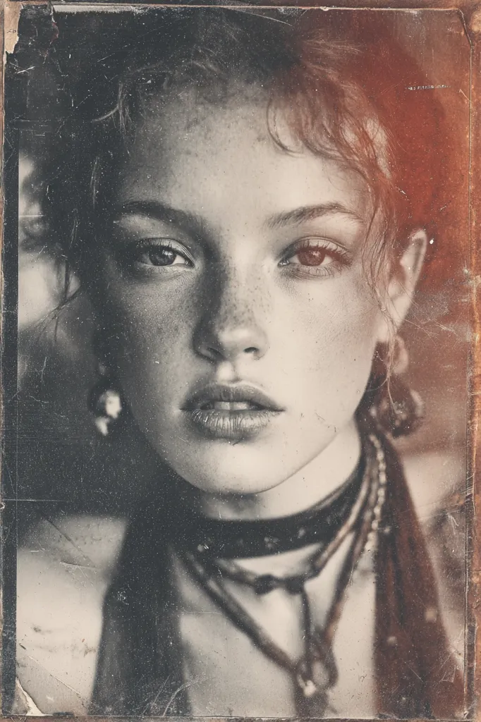 A close-up black and white portrait of a young woman with freckles and curly hair.  The image has a vintage, aged look, resembling an old photograph with textured edges and faded color in the upper right corner.  She wears layered necklaces and her expression is serious and introspective. The overall effect is moody and evocative.