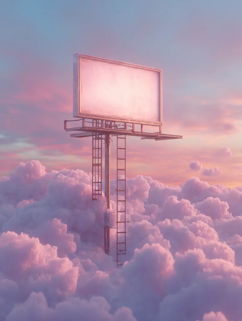 A blank billboard stands atop a tall metal structure, rising from a sea of fluffy, pastel-pink clouds against a serene sunset sky.  Two ladders ascend the structure, adding to the surreal and dreamlike atmosphere. The scene evokes a sense of tranquility and peaceful isolation.