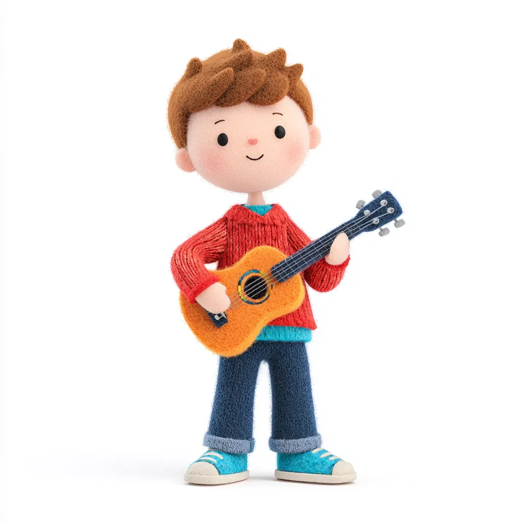 A charming 3D-rendered boy with brown hair is depicted playing a small acoustic guitar. He's dressed in a red sweater and blue jeans, adding to his endearing appearance.  His cheerful expression and relaxed posture suggest he enjoys playing music. The overall style is playful and childlike, perfect for illustrating themes of childhood and creativity.