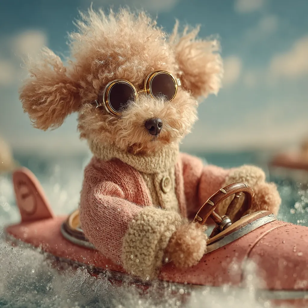 A fluffy brown toy poodle, wearing round sunglasses and a knitted pink sweater, sits at the helm of a miniature pink speedboat.  The boat cuts through the water, creating small waves.  The background suggests a serene seascape with a slightly hazy sky. The overall image is whimsical and charming.