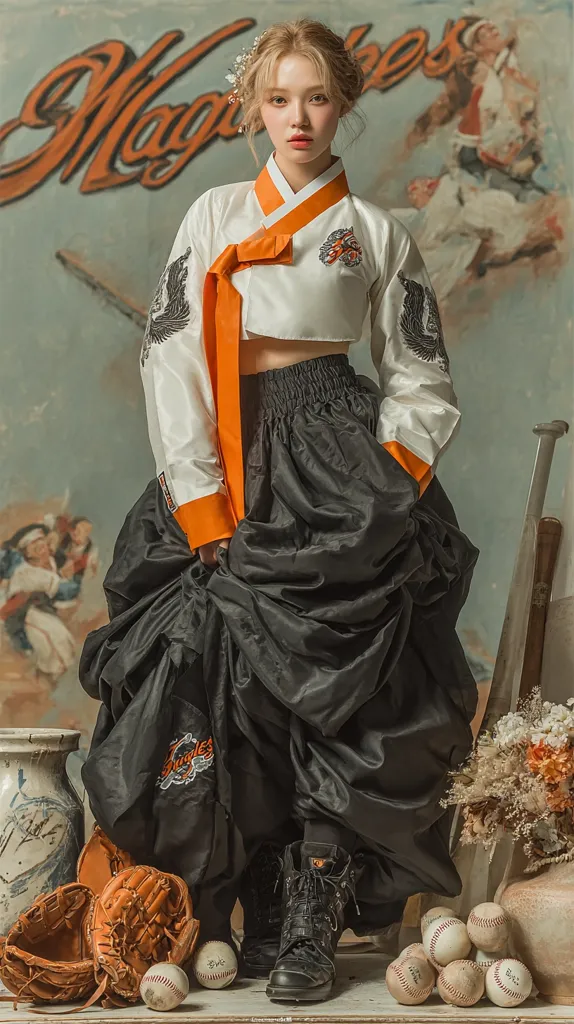 A young woman with blonde hair styled up, wears a white hanbok-inspired top with orange accents and a voluminous black skirt.  The top features embroidered designs.  She's paired the outfit with black combat boots and poses dramatically against a vintage baseball-themed backdrop.  Baseball equipment, including gloves and balls, are scattered near her feet. The overall aesthetic blends traditional Korean fashion with a modern, sporty twist.