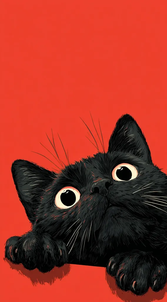 A stylized illustration features a black cat peeking from the bottom of a vibrant red background.  The cat's large, expressive eyes are wide, and its body is slightly angled, creating a sense of playful curiosity.  The detailed fur and sharp claws are emphasized against the bold, contrasting red. The overall style is graphic and minimalist.