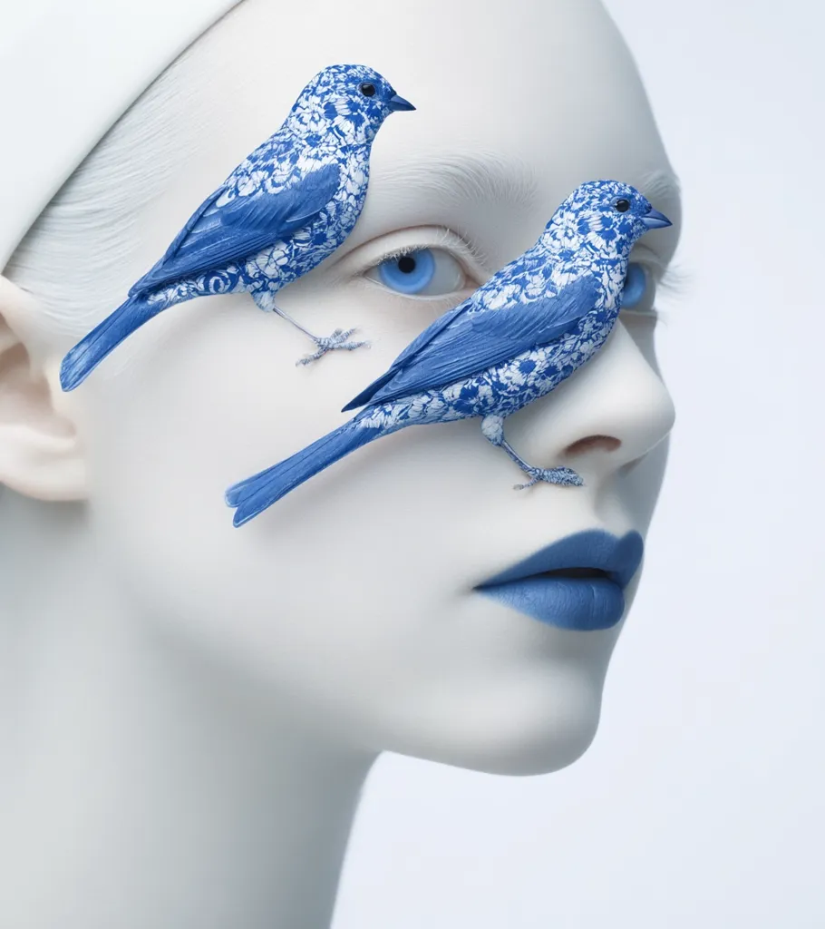 A pale-faced woman, adorned in a white headband, is depicted with two intricately detailed blue birds perched delicately on her face.  The birds, with their blue and white porcelain-like patterns, rest near her eyes and nose. The image is striking in its contrast of the pale skin and the vibrant blue birds, creating a surreal and artistic effect. The overall aesthetic is one of elegance and ethereal beauty.