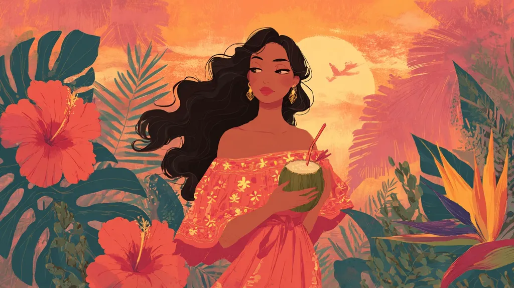 A stylized illustration depicts a woman with long dark hair, wearing an orange off-the-shoulder dress adorned with small floral patterns.  She holds a coconut with a straw, standing amidst a vibrant tropical landscape filled with hibiscus flowers, lush foliage, and a setting sun. The overall color palette is warm and saturated, evoking a feeling of tropical paradise.
