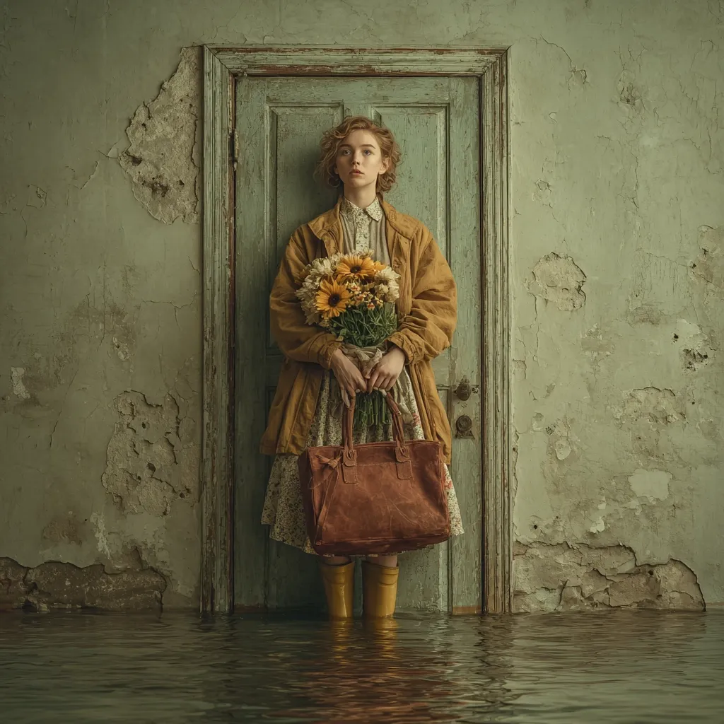A young woman stands in floodwater before a weathered green door. She holds a bouquet of sunflowers and a leather tote bag.  Wearing a mustard-colored coat and yellow rain boots, she appears pensive against the backdrop of a decaying building. The scene evokes a sense of loss and resilience in the face of adversity.