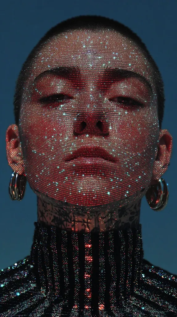 Close-up of a person with short hair, their face adorned with glittering particles resembling a starry night sky.  They wear large hoop earrings and a dark, textured turtleneck sweater that also seems to shimmer. The overall effect is one of futuristic elegance and otherworldly beauty. The background is a deep blue, enhancing the contrast.