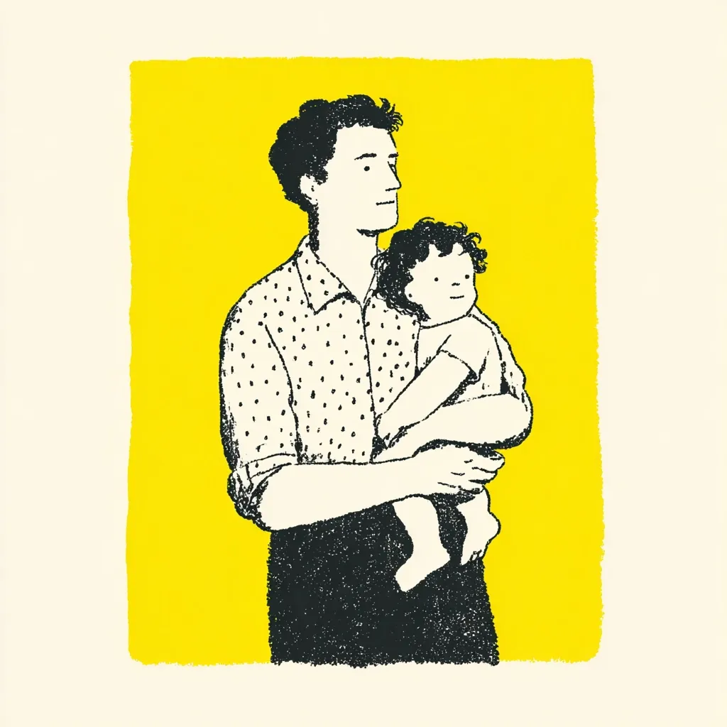 A stylized illustration depicts a man gently cradling a toddler.  The man, with short dark hair, wears a speckled shirt and dark pants. The child, with dark, curly hair, is nestled securely in his arms.  The figures are rendered in black and white against a vibrant yellow background, creating a bold and simple image conveying warmth and paternal affection. The style is reminiscent of a children's book illustration.