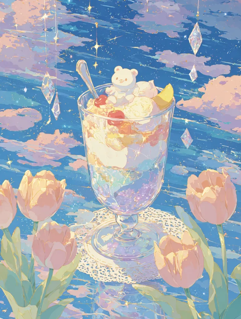 A whimsical illustration depicts a dreamy sundae topped with a tiny bear, nestled amidst pastel-colored tulips.  The dessert is in a glass, resting on a doily, against a backdrop of a light blue, starry sky with fluffy clouds.  Crystals hang delicately from above, adding to the ethereal and magical quality of the scene.  The overall style is soft and enchanting, reminiscent of a fairytale.